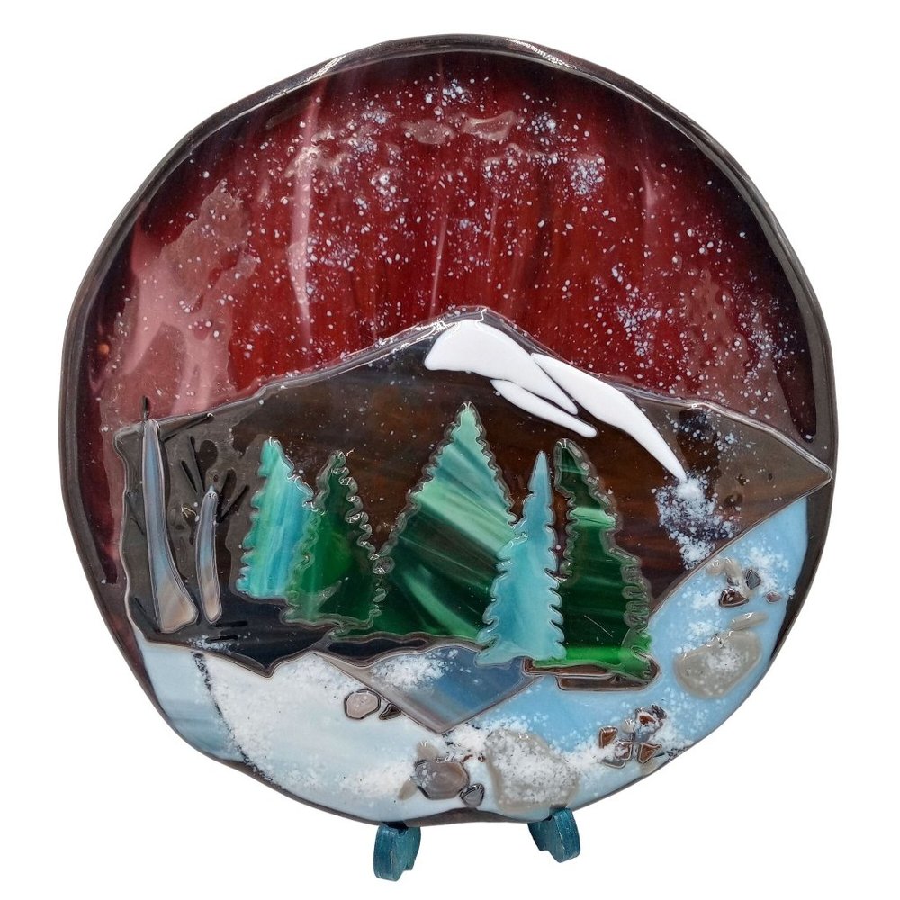 Mountain Landscape Fused Glass Art Winter Snow Tree Forest OOAK Round Plaque